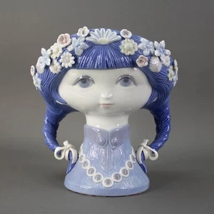 Lladro Head Of A Girl With Pigtails & Flowers Large Vase Planter Sculpture Rare  - Picture 1 of 9