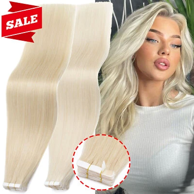 AAAA+ Tape In Russian Remy Thick Human Hair Extensions Skin Weft Straight Blonde - Image 1 of 4