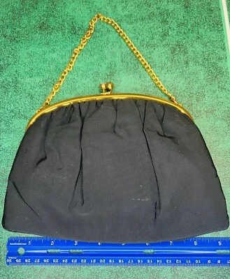 Vtg Koret Black Satin Inside Coin Purse Rhinestone KISSLOCK Evening Bag Clutch - Image 1 of 4