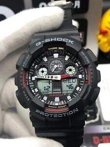 Casio Men's Watch G-Shock GA100 Black Dial Red Accents Resin Digital Quartz