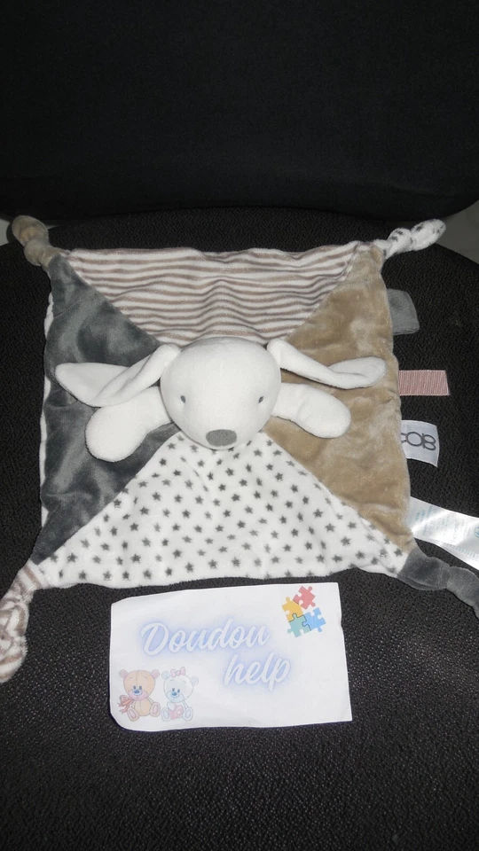 doudou plat lapin blanc beige gris rayé étoiles OBAIBI - état NEUF - 2 dispo - Photo 1/1