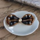 Vtg/Antique Bow Brooch C-Clasp Faux Pearls Black Enamel 1.5" Copper Tone