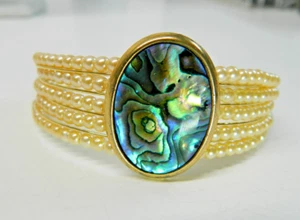 Beautiful Gold Tone Wire Pearl Row Abalone Shell Cuff Bracelet - Picture 1 of 6