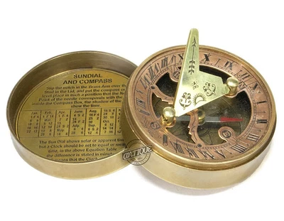 手工黄铜指南针复古日晷时钟口袋导航工具礼物男式儿子 — 第 1/4 张图片