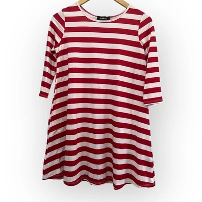 Vestido listrado Amy Byer feminino grande 14 vermelho branco manga 3/4 midi microfibra fofo - Imagem 1 de 4