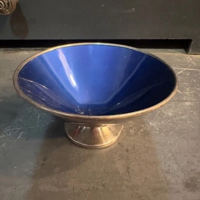 Pedestal de metal interior azul plateado vintage cuenco baratija plato acento decorativo Foto 1 de 4