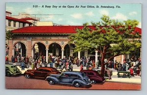 Vintage Linen Postcard St. Petersburg FL Open Air Post Office Busy Day - Picture 1 of 2