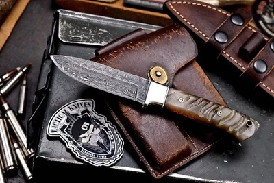CFK Handmade Custom Damascus Genuine Sheep Horn Small Hunting Skinning Knife - Image 1 of 4
