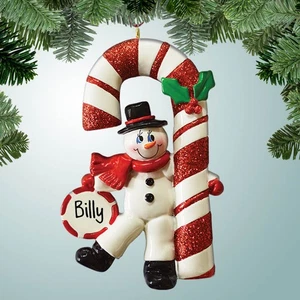 Snowman with Large Candy Cane - Personalized Christmas Ornament - Picture 1 of 1