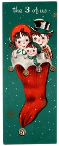 Tarjeta de Navidad vintage, hilo familia interior medias "The 3 of Us" - Imagen 1 de 3