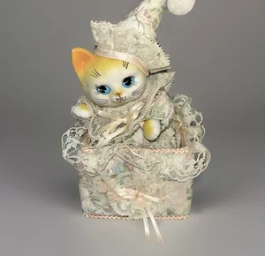 VTG Wind-Up Music Box Ceramic Cat With Fabric Hat and Dress ~ Works - Picture 1 of 6