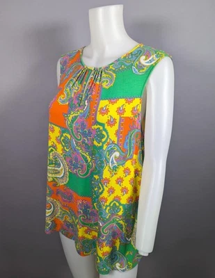 CHAPS Vibrant Patchwork Print Top Shell Keyhole Tank Stretch Orange Yellow Sz 2X - Image 1 of 4
