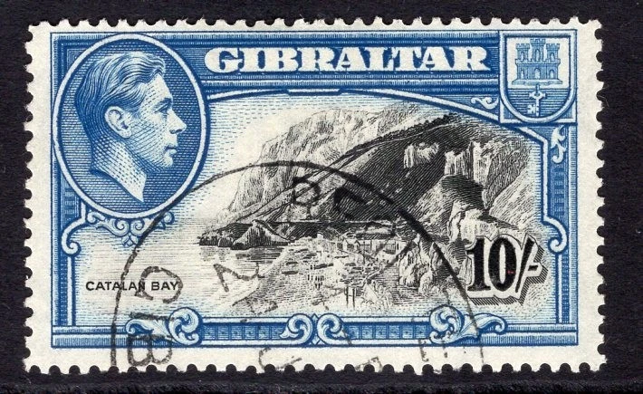 GIBRALTAR 1938-51 KGVI DEFINITIVO 10/- NEGRO Y AZUL MUY FINO USADO. SG 130. Foto 1 de 1