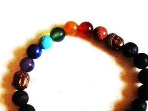 7 1/4" Gemstone Chakra Bronzed Buddha 8mm Natural Lava "Stretch Magic" Bracelet - Picture 1 of 9