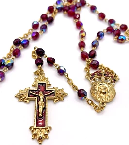 Gold-Tone Garnet Colored AB Bead and Enamel King of Kings Rosary - Picture 1 of 4
