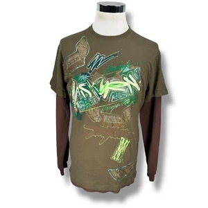 Miskeen Originals Thermal Sleeve T-Shirt Men’s Medium Green Brown Abstract Y2K - Picture 1 of 12