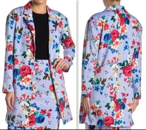 Blazer lungo donna T Tahari stampa floreale maglia subacquea taglia 4 blu multicolore NUOVO - Foto 1 di 17
