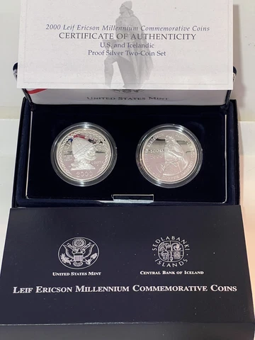 2000 (2) PROOF SILVER DOLLARS. US. AND ICELAND. LIEF ERICSON MILLENNIUM COMM Cover