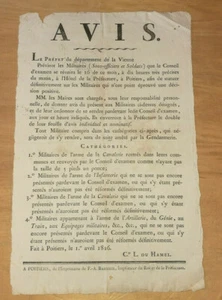 PLACARD AFFICHE VIENNE 86 RESTAURATION MILITAIRES ET CONSEIL D'EXAMEN 1816 - Foto 1 di 1