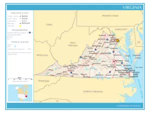 Mappa Stato della Virginia Stati Uniti d'America stampa fisica politica - Foto 1 di 2