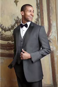 Tuxedo grigio acciaio moderno etichetta punta con pantaloni vita regolabile abbinati - Foto 1 di 1