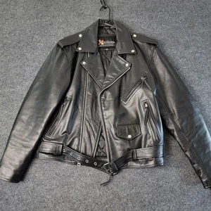 90s Xelement Motorcycle Jacket Mens M Black Biker Belted Quilted Lining Leather - Picture 1 of 14