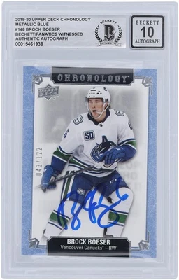 Tarjeta BAS 10 firmada por Brock Boeser Canucks 2019-20 Upper Deck Chronology #146 #/122 Foto 1 de 3