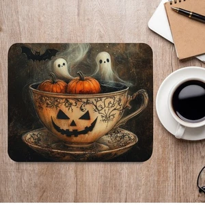 Alfombrilla de ratón estilo vintage de murciélago calabaza taza de té fantasma de Halloween - Imagen 1 de 6