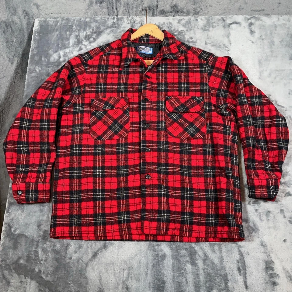 Vintage Pendleton Wool Shirt Jacket Mens SHRUNK XL Red Black Plaid USA 70s - Image 1 of 4