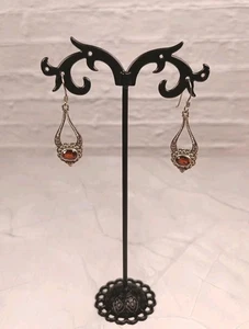 Earrings Pair Silver Dangly Drop Dark Orange Stone Unmarked 1.3"  VGC - Picture 1 of 2