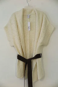 Neu mit Etikett Joan Vass elfenbeinfarben klobig gestrickte Wolle Mohair Cardigan mit braunem Gürtel Größe 3 (L/XL) - Bild 1 von 7