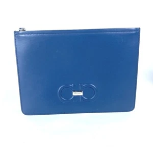 Salvatore Ferragamo Gancini Bag pouch with strap Clutch bag Leather blue - Picture 1 of 13