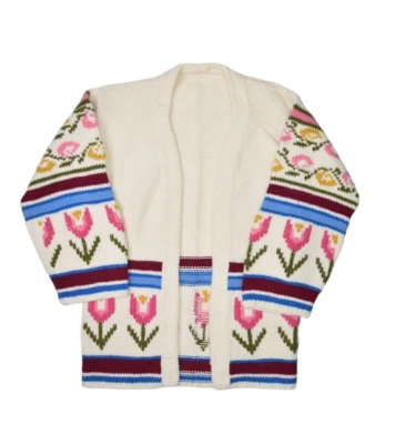 Vintage Wool Sweater Womens S Shawl Cardigan Floral Striped Open Front Handknit - Image 1 of 4