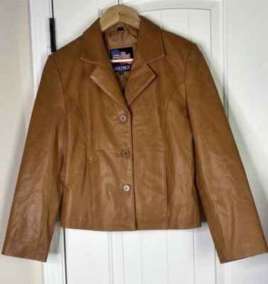 Casaco feminino de couro marrom camelo forrado tamanho M boho motociclista EUA - Imagem 1 de 4