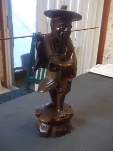 Antique Hand Carved Chinese Old Fisherman 12" Rosewood Figure Statue w/ Hat - Picture 1 of 14