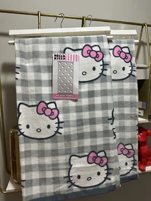 Toalla de playa Hello Kitty by Sanrio blanca y gris guinga 36"x70" 100 % algodón nueva con etiquetas Foto 1 de 4