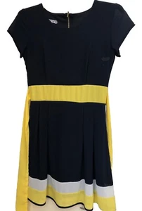WAT G7 NAVY & YELLOW & WHITE STRIPED PART BELTED CAP SLEEVED  LINED DRESS S - Picture 1 of 4