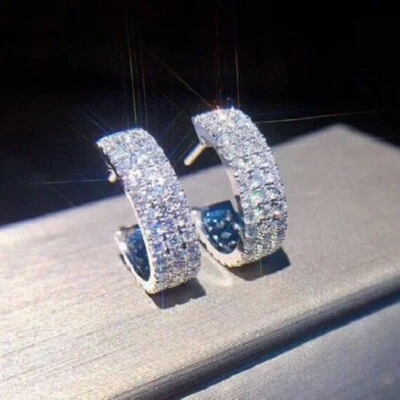 1.50Ct Round Cut Simulated Diamond 3-Row Hoop Earrings 14K White Gold Finish - Image 1 of 4