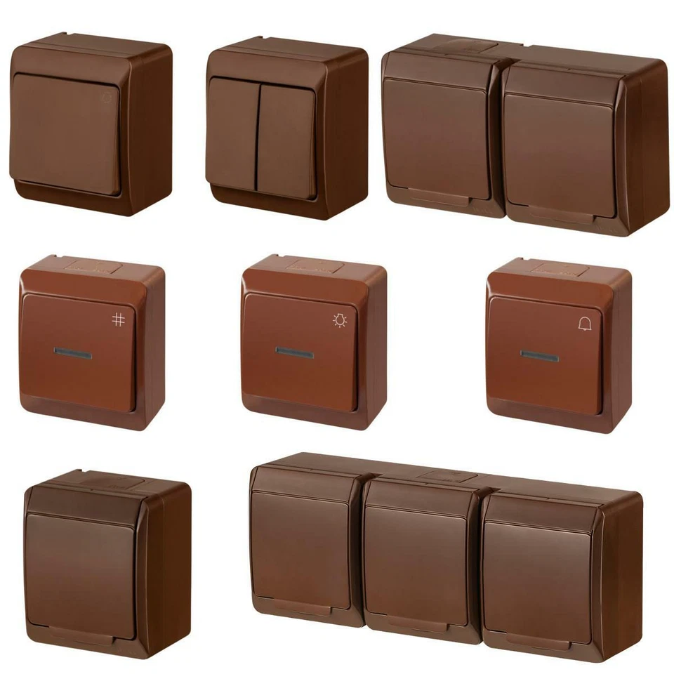 Aufputz AP Lichtschalter Schuko Steckdose zweifach, dreifach IP44 Farbe braun - Bild 1 von 1
