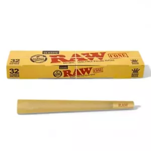 Raw Classic Natural Unrefined King Size Cones Pre Rolled Paper 32 Pack Cone - Picture 1 of 4