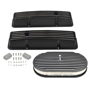 Cubiertas de válvula altas con aletas negras y filtro de aire de 15" para SBC Chevy 327 350 1958-86 - Imagen 1 de 12