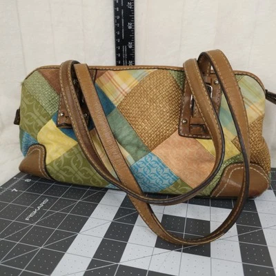 Bolso de Mano Fossil Patchwork Cartera Lona a Cuadros Cuero Gamuza Azul Verde Multi Boho Foto 1 de 4