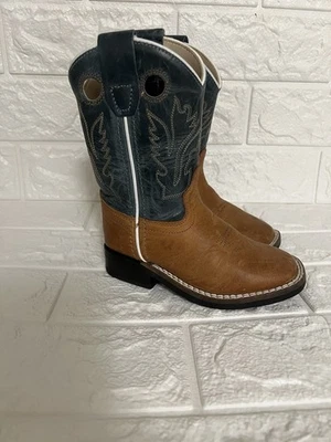 Old West Boots Kids Toddler 8.0 Brown Leather & Green Pull On Cowboy Western - Image 1 of 4