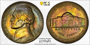 Jefferson Nickel 1962 5c - graduación profesional MS66+ Plus - tono arco iris BU - Imagen 1 de 3