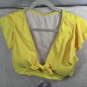 Cocoship Swim Top Womens Small Yellow Ruffled Sleeve V-Neck Built-In-Bra NEW - Picture 1 of 9