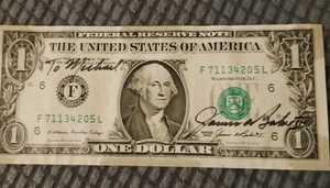 1985 $1 Dollar Bill Signed By James Baker III (To Michael) - Picture 1 of 12
