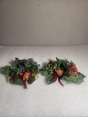 2 Vtg Artificial Pine Needle Christmas Candle Rings •Maroon Bows Berries & Gifts - Image 1 of 4