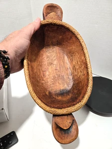 Vintage philippinische Holz Servierschale 14" - handgeschnitzt - Rattan geflochtener Rand - Video - Bild 1 von 11