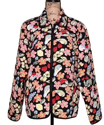 REQUISITOS Chaqueta Acolchada Negra Estampado Fruta y Floral con Cremallera - Para Mujer Talla XL Foto 1 de 4