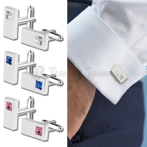 Stainless Steel Silver Rectangle Cufflinks Cuff Link White Blue Pink CZ Crystal - Picture 1 of 48